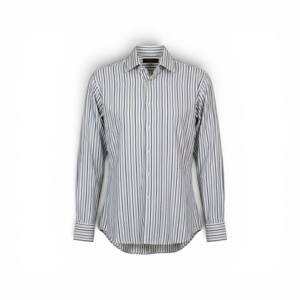 Etro Men XL 48 Luxury Striped Blue White Seersucker-style Textured Dress Shirt